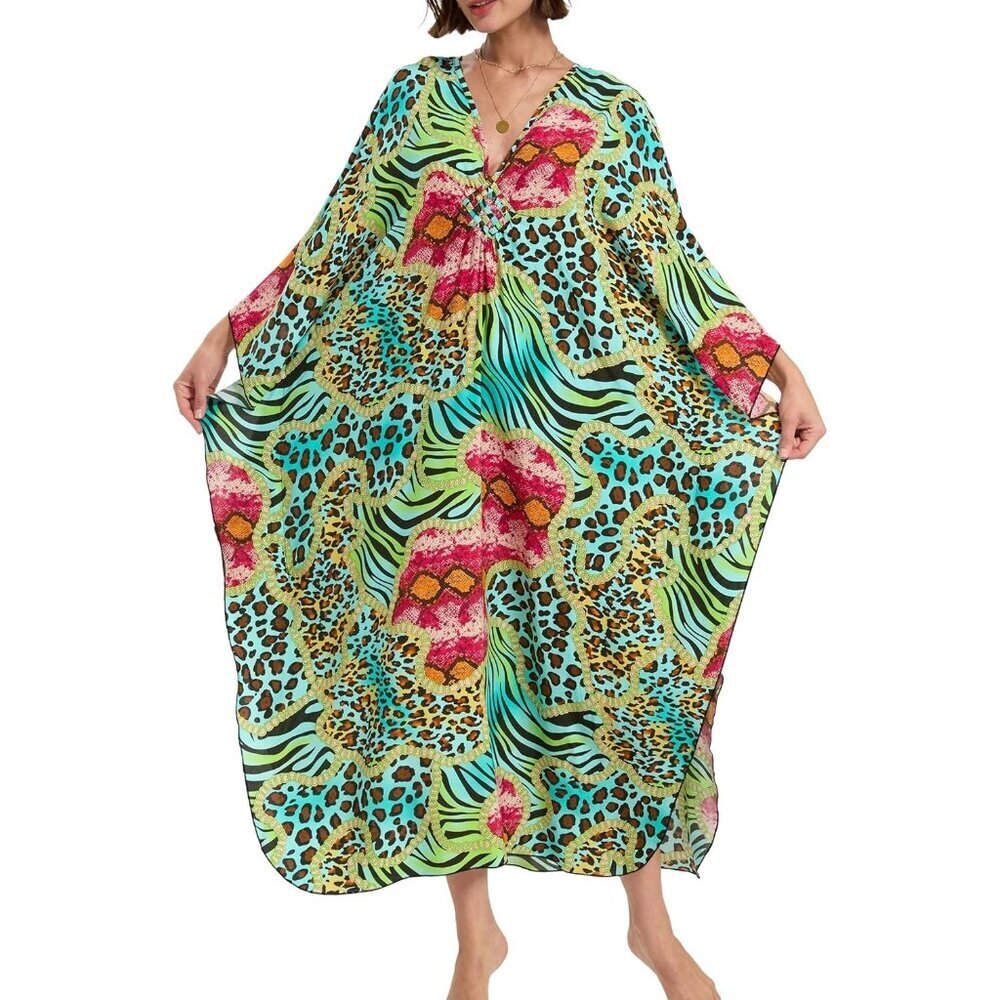 Women Green Leopard Print Vneck Batwing Sleeve Flowy Split Bohemian Kaftan Dress